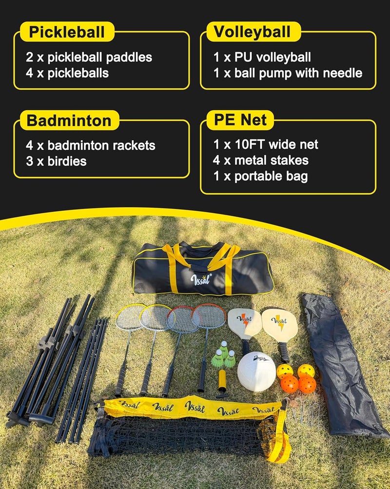 VSSAL 3-in-1 Portable Badminton, Volleyball & Pickleball Net Set for Adults, Adjustable Height 34"–10 ft for Backyards or Beach, Outdoor Sports Combo with Carry Bag, Rackets, Paddles & Balls - Image 3